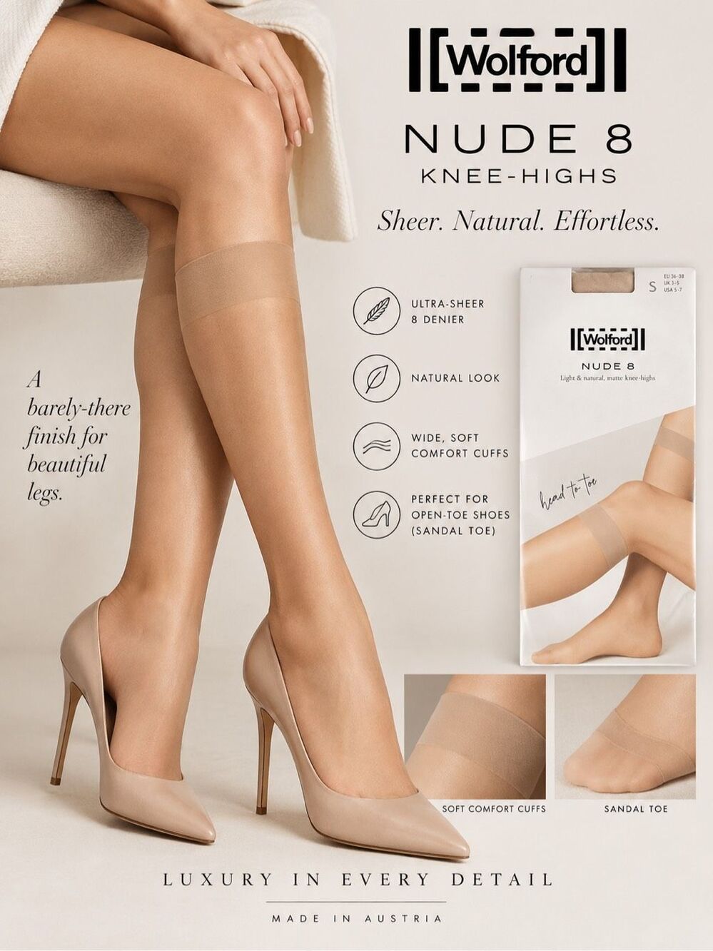 NWT Wolford Nude 8 Knee-Highs Cosmetic Sheer 8 Denier Size S